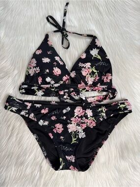 Victoria’s Secret Black and Pink Floral Halter Bikini Set